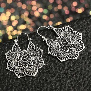 Silver BOHO Lotus Mandala Ornate Earrings